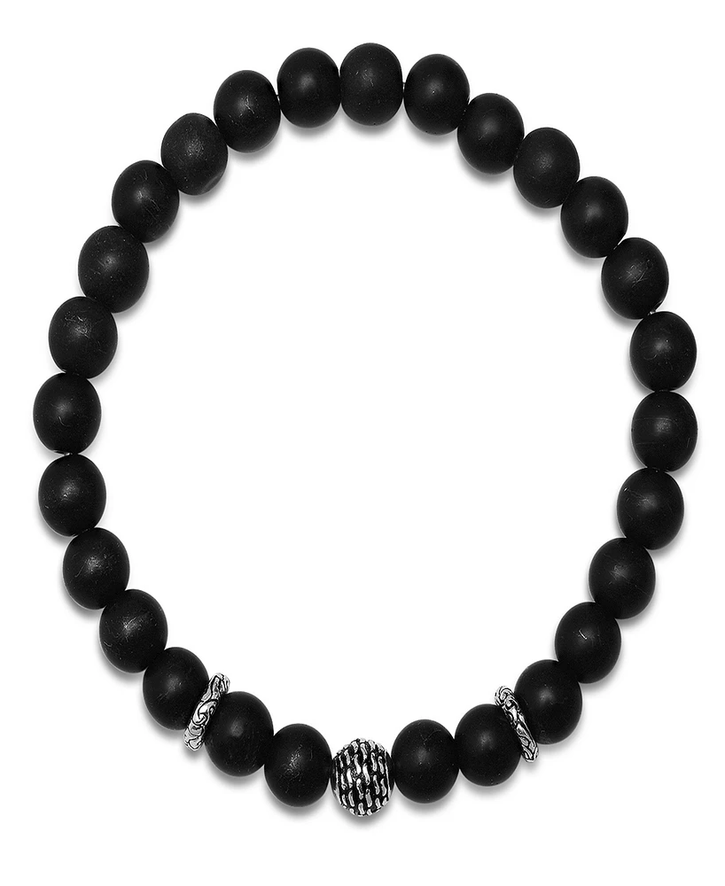 Steeltime Men's Sterling Silver and Black Lava Beaded Stretch Bracelet