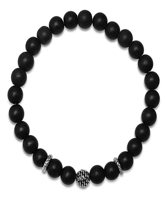 Steeltime Men's Sterling Silver and Black Lava Beaded Stretch Bracelet
