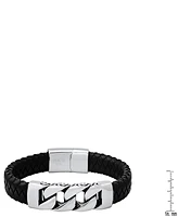 Steeltime Men's Black Braided Leather and Stainless-Steel Bracelet