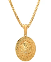 Steeltime Men's Sterling Silver Lion Head Round with Greek Key Accents Pendant Necklace