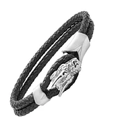 Steeltime Men's Black Braided Leather Bracelet with Stainless Steel Dragon Head Design