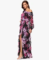 Xscape Women's Printed Asymmetrical Long-Sleeve Maxi Dress