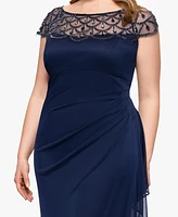 Xscape Plus Sheer Boat-Neckline Long Sheath Dress