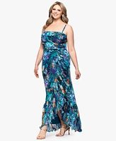 Xscape Plus Printed Ruffled Sleeveless Maxi Dress