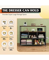 5-Drawer Dresser with Charging Station for Bedroom, Living Room, Closet, Entryway, Fabric Chest of Drawers Open Shelves, Rustic Brown Wood Grain