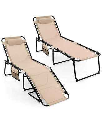 Gymax 2 Pcs Patio Folding Chaise Lounge Portable Lay Flat Reclining Chair w/ 4-Level Backrest Side Pocket