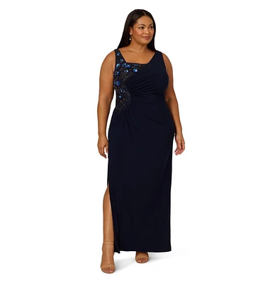Adrianna Papell Plus Jersey Beaded Long Sleeveless Dress