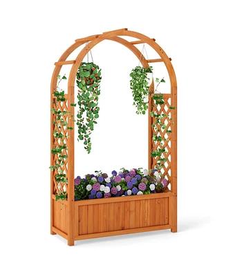 Raised Garden Bed with Lattice Trellis Ached Roof Wooden Elevated Planter Box