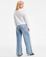 On 34th Womens V Neck Button Front Sweater High Rise Wide Leg Jeans Alaynaa Pointed Toe Bow Mule Pumps Silver Tone Curved Metal Sheet C Hoop Earrings Exclusively At Macys