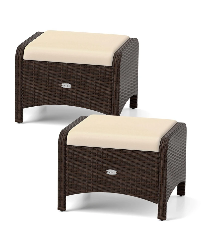 2 Pieces Outdoor Patio Pe Wicker Ottomans with Removable Cushions