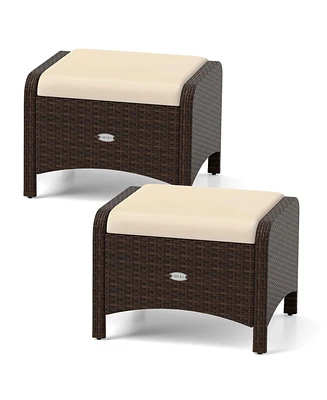2 Pieces Outdoor Patio Pe Wicker Ottomans with Removable Cushions