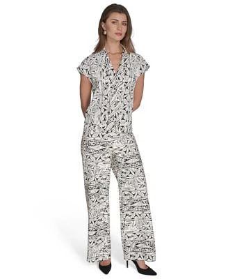 Halston Womens Printed V Neck Cap Sleeve Top Printed High Rise Wide Leg Pants