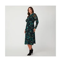Estelle Plus Foliage Whisper Green Black Floral Mesh Midi Dress