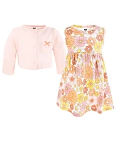 Hudson Baby Girls Cotton Dress And Cardigan Set, Peach Love Flowers