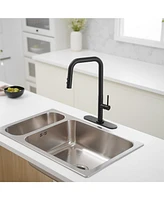 Single Handle Pull-Down Sprayer 1 Spray High Arc Kitchen Faucet With Deck Plate in Matte Black