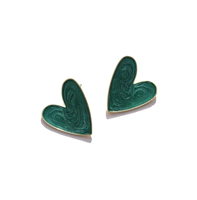 Sohi Women's Green Enamel Heart Stud Earrings