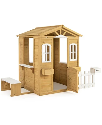 Wood Playhouse with Bench and Serving Stations for 2+ Years Old Kids