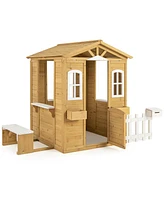 Wood Playhouse with Bench and Serving Stations for 2+ Years Old Kids
