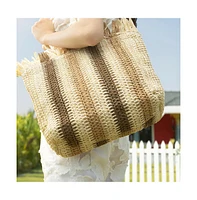 Women's The Straw-Striped Tote Bag - Ecru Beige:Mocha Brown