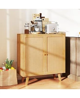 Wicker Buffet Storage Cabinet with Pe Rattan Doors and Freestanding Kitchen Cupboard
