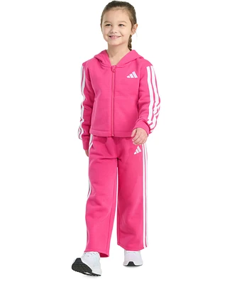 adidas Toddler & Little Girls Full-Zip 3-Stripe Hooded Fleece Jacket Wide-Leg Pants, 2 Piece Set