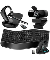 Delton 4pcs Ergonomic Remote Worker Kit, Wireless Bluetooth Headset, Executive Earpiece with Noise Cancelling Mic, 1080p Webcam, Wireless Keyboard and