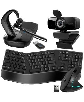 Delton 4pcs Ergonomic Remote Worker Kit Wireless Bluetooth Headset Executive Earpiece With Noise Cancelling Mic 1080p Webcam Wireless Keyboard Vertical Mouse For Pc Laptop Mac Phones Black
