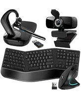 Delton 4pcs Ergonomic Remote Worker Kit Wireless Bluetooth Headset Executive Earpiece With Noise Cancelling Mic 1080p Webcam Wireless Keyboard Vertical Mouse For Pc Laptop Mac Phones Black