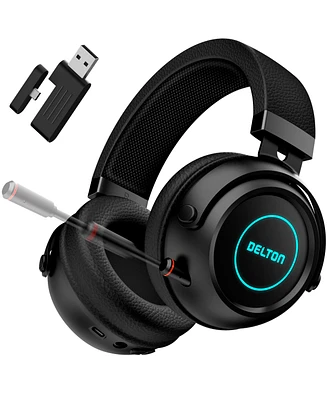 Delton Wireless Gaming Headset with Retractable Cvc Mic, Auto Pair Usb Dongle, 35 hrs Talk time, Fast Charging Gaming Headphones with Rgb Light for Pc