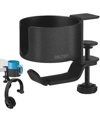 Delton H22 2-in-1 Desk Cup Holder with Headphone Stand,360-Degree Rotating Hook Mount for Headset, Adjustable Clamp, Compatible with Universal Headset