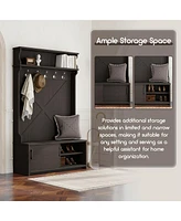 Boyel Living Hall Tree with Top Shelf and Storage Bench, Hallway Shoe Cabinet Sliding Doors, Coat Rack 5 Hanging Hooks for Entryways