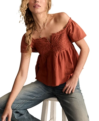 Lucky Brand Women's Cotton Smocked-Bodice Babydoll Top