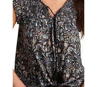 Lucky Brand Women's Floral Smocked Tassel-Tie Top