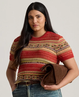 Lauren Ralph Plus Geo-Striped Short-Sleeve Sweater