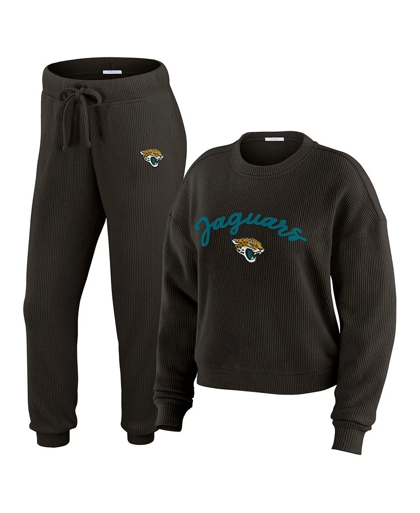 Wear by Erin Andrews Women's 2-Piece Cream Jacksonville Jaguars Plus Size Knitted Tri-Blend Long Sleeve T-Shirt and Pants Lounge Set
