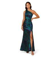 Adrianna Papell Women's Jacquard Printed Asymmetric One-Shoulder Gown