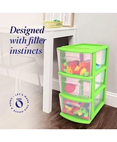Homz Plastic 3 Drawer Medium Storage Container Tower, Clear Drawers/Lime Frame