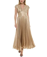 Taylor Women's Metallic V-Neck Cap-Sleeve Pleated Gown