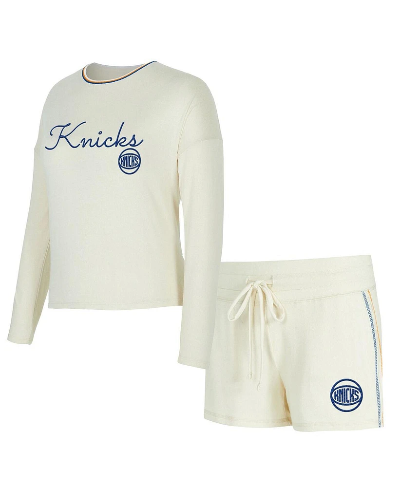 Concepts Sport Women's 2-Piece Cream New York Knicks Kaki Hacci Knit Long Sleeve T-Shirt and Shorts Set
