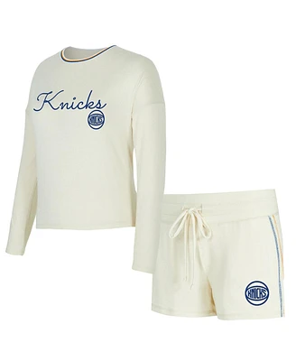 Concepts Sport Women's 2-Piece Cream New York Knicks Kaki Hacci Knit Long Sleeve T-Shirt and Shorts Set