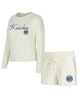 Concepts Sport Women's 2-Piece Cream New York Knicks Kaki Hacci Knit Long Sleeve T-Shirt and Shorts Set