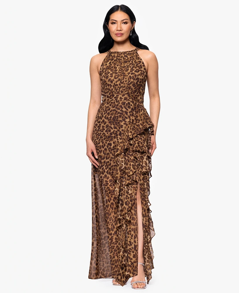 Betsy & Adam Petites Printed Halter Long Sheath Dress