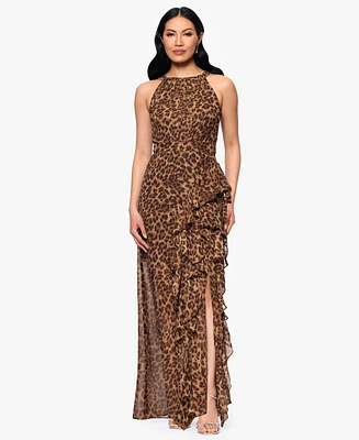 Betsy & Adam Petites Printed Halter Long Sheath Dress