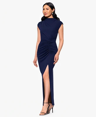 Betsy & Adam Petite Mock-Neck Crepe Ruched Sheath Dress