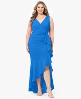 Betsy & Adam Plus Sleeveless Ruffled High-Low Gown