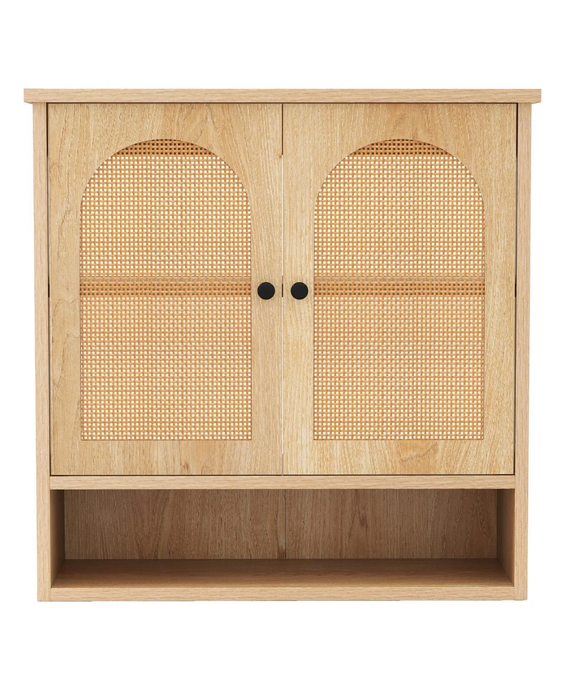 Slickblue Bathroom Wall Cabinet with Adjustable Shelves Open Cube and Rattan Doors