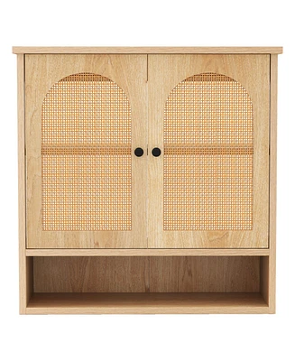 Slickblue Bathroom Wall Cabinet with Adjustable Shelves Open Cube and Rattan Doors
