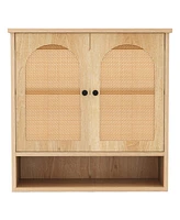 Slickblue Bathroom Wall Cabinet with Adjustable Shelves Open Cube and Rattan Doors