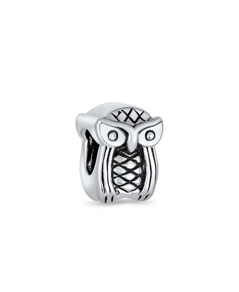 Bling Jewelry Wise Graduate Owl Bird Charm Bead in Oxidized Sterling Silver for Bracelets