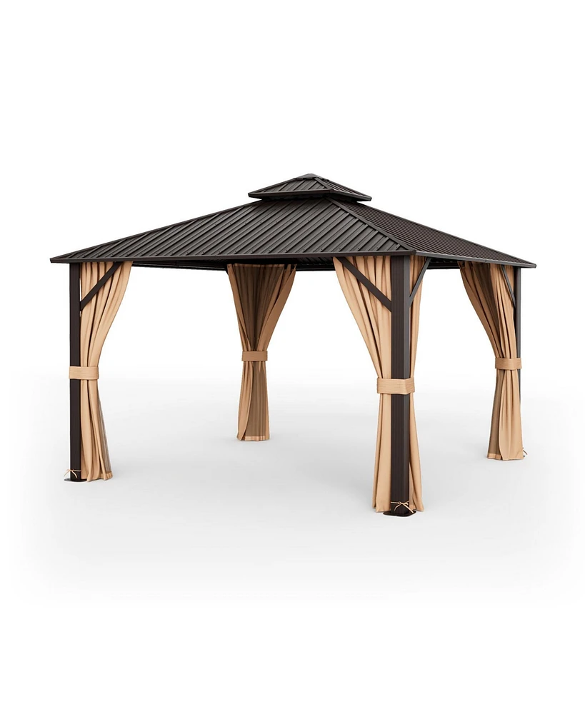 12 x 12 Feet Double-Roof Patio Hardtop Gazebo with Galvanized Steel Roof Netting and Curtains